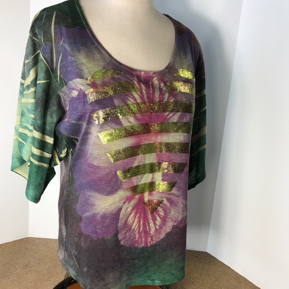 Heart of Gold by One World Green and Purple Orchid Top w Gold Heart Size Large - Picture 2 of 7